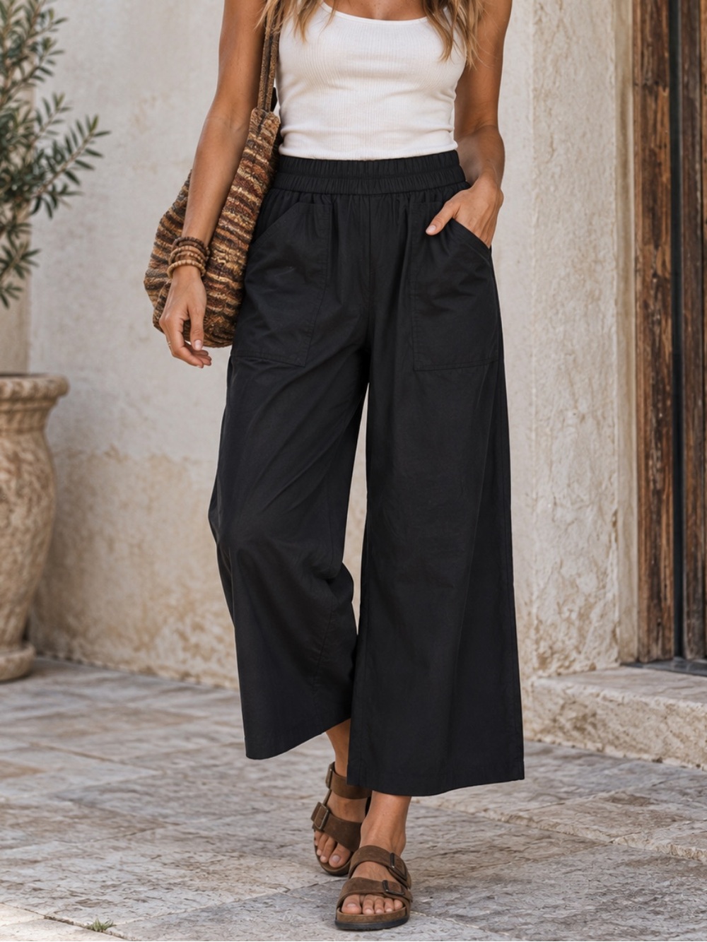 Katherine Barclay Black Wide-Leg Elastic Waist Pants